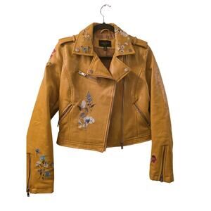 Romeo And Joliet Couture Floral Embroidered Jacket Moto Vegan Leather Yellow S